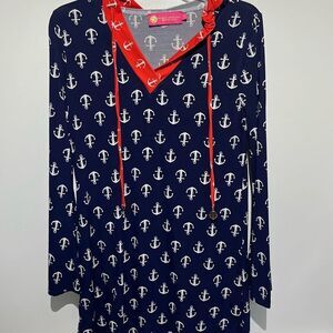 Macbeth Collection Margaret Josephus Navy Anchor Print Hooded Tunic Top Small